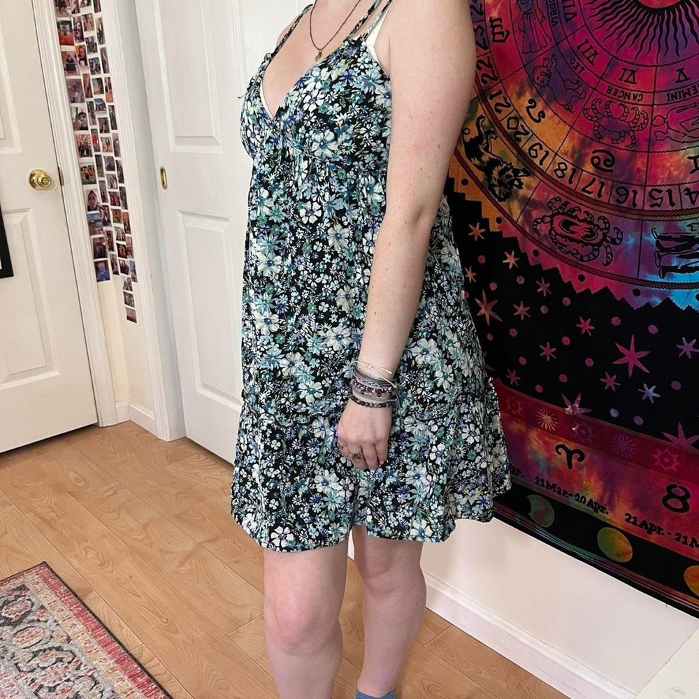 Floral Black and Blue Babydoll mini Dress with thin adjustable straps